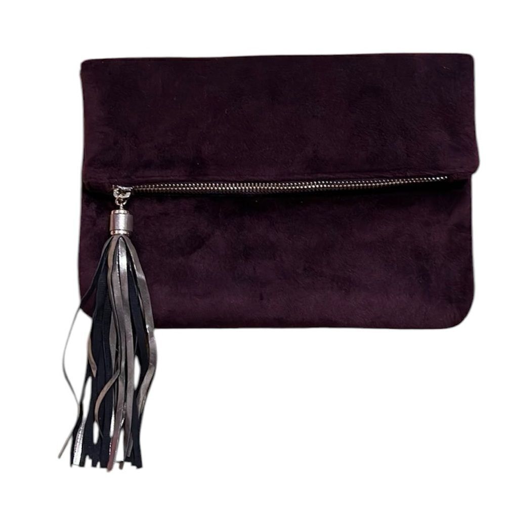 Merona brown faux fur clutch w/a tassel top zip fold over like new